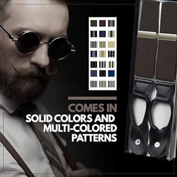 Hold’Em 1 ¼ Fancy Stripe and Solid Suspenders for Men Leather Button-Shadow Tan - Picture 6 of 7